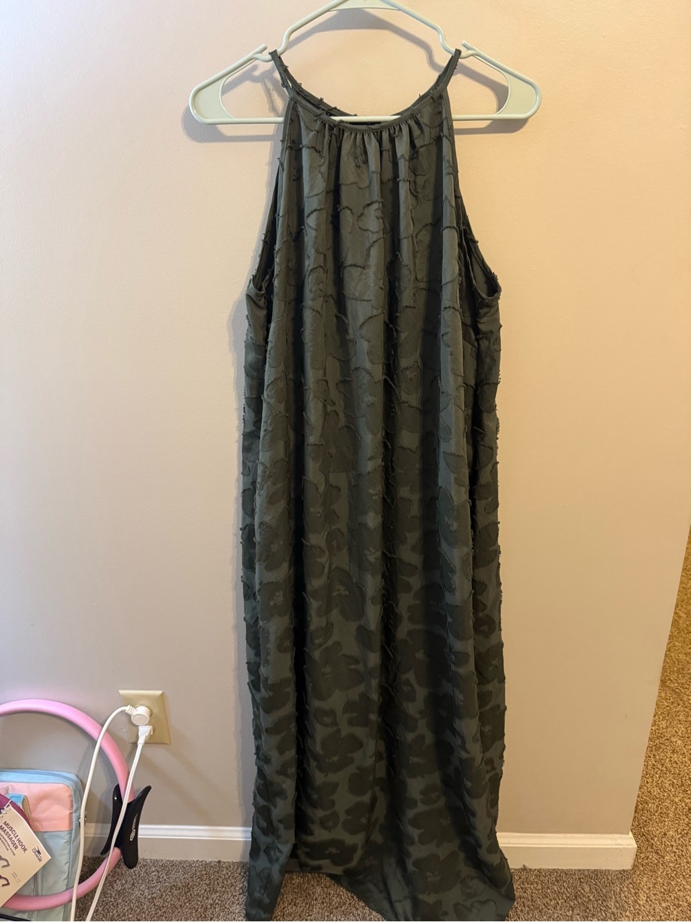 Textured Olive Green Halter Maxi Dress